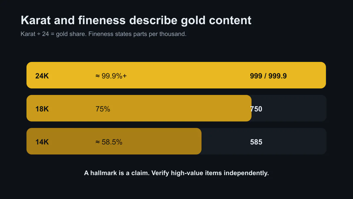 Common gold karat values converted to percentages and fineness marks